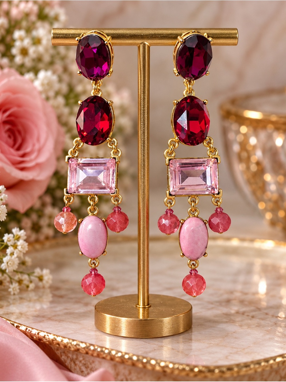 Gold-Tone Pink & Ruby Drop Earrings